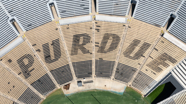 West Lafayette, IN, USA - July 29, 2025: Ross-Ade Stadium is home to the Purdue University Boilermakers football team that opened in 1924. Aerial view of the Purdue name in the seats.
