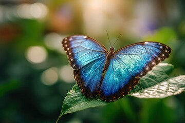 Fototapeta premium blue morpho butterfly with open wings on green leaf