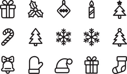 Set of 16 Minimalist Black-and-White Christmas Icons Featuring Bow, Candle, Candy Cane, Ornament, Mitten, Tree, Apple, Holly, and Festive Elements