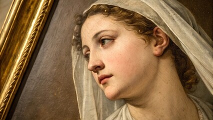 Close Up of Woman Face in Renaissance Style Painting Zoomed Detail in Museum Lighting