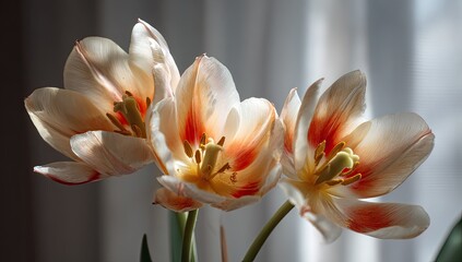 Obraz premium Three pale orange-white tulips in soft light
