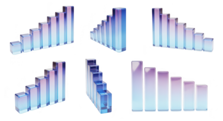 Glass bar graphs showing different growth directions on a white background used for data visualization and financial reporting