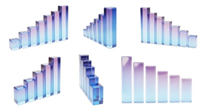 Glass bar graphs showing different growth directions on a white background used for data visualization and financial reporting