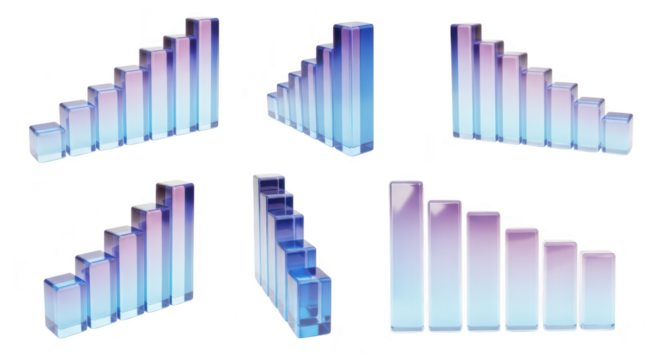 Glass bar graphs showing different growth directions on a white background used for data visualization and financial reporting