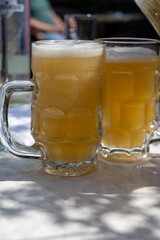 Belgian beer in glasses in old brewery in Bruges, light or dark, tasty beverage, lunch with beer, tourist destination, Flanders, Belgium