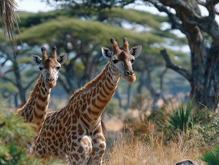 Obraz premium Giraffes in African Savanna: A pair of giraffes, their long necks and unique spotted patterns, gracefully navigating the vast savannah, trees providing shade.