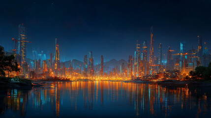 Naklejka premium Nocturnal Metropolis: A breathtaking panorama of a modern city at night, its towering structures ablaze with lights, reflecting serenely on a calm body of water.