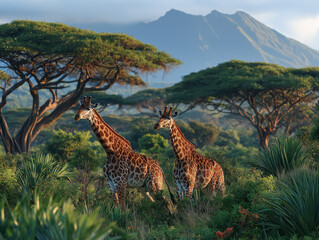 Fototapeta premium Giraffes in African Savannah: Two majestic giraffes gracefully stride through a lush, sun-drenched African savanna.
