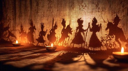Enchanting shadow play with silhouetted figures illuminated by candlelight casting warm and