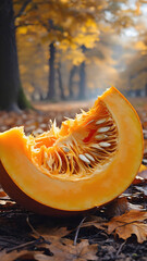 Sliced Pumpkin on Autumn Grass with Yellow Leaves