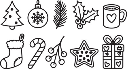 Fototapeta premium Christmas Holiday Line Art Icon Collection with Tree, Ornament, Stocking, Candy Cane, Holly, Gift Box, Mug, and Festive Decorations
