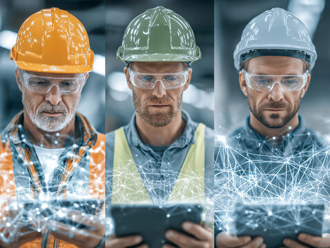 Tech-Savvy Construction Workers: Three construction workers, each wearing a hard hat and safety glasses, are shown using tablets with digital network connections overlaid. - Powered by Adobe