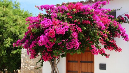 Vibrant Bougainvillea cascading over rustic wooden door of whitewashed building