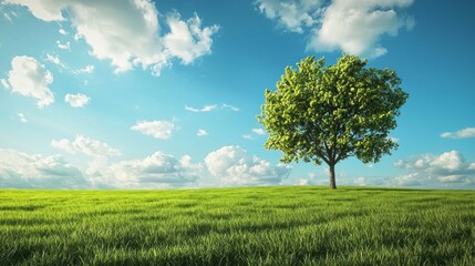 Obraz premium A lone tree stands in a vast, green field under a clear blue sky with fluffy white clouds.
