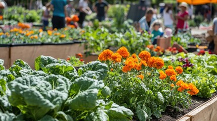 Vibrant Community Garden with Colorful Marigolds and Lush Greenery in Full Bloom, Showcasing People Engaging in Gardening Activities During a Sunny Day