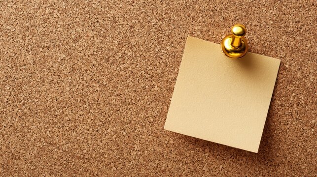 Golden Pushpin Holding Blank Note Paper on Corkboard Surface for Office or Home Organization