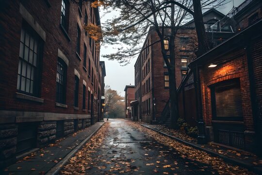 Rainy autumn alleyway lined with old brick buildings and fallen leaves