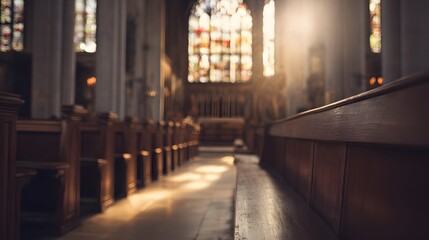 Fototapeta premium Serene church interior bathed in warm light through stained glass, evoking tranquility.