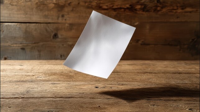 Blank sheet of paper floating above wooden table with natural rustic background capturing creativity and imagination
