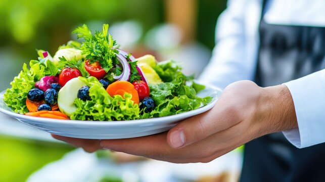 Professional waiter serving fresh salad with vibrant vegetables and fruits in outdoor dining setting for culinary experience