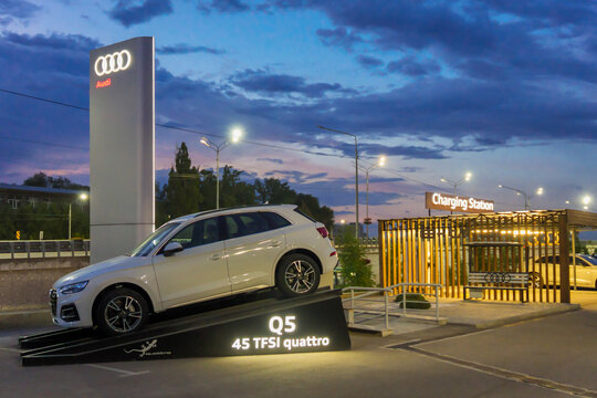 Almaty, Kazakhstan - July 11, 2025: White Audi Q5 near the showroom
