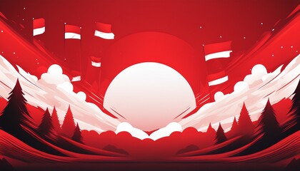 Red and white graphic illustration for Indonesia's Independence Day celebration with flags flying over a stylized landscape.