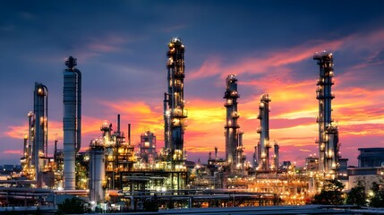 Fototapeta premium Oil refinery at dusk with glowing lights, complex piping, and tall towers against a colorful sky. Concept:Energy production, industrial infrastructure, oil and gas industry, petrochemical processing,