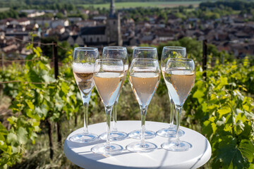 Pouring and tasting of white and rose sparkling wine brut, grand reserve, champagne in Ay-Champagne on green hilly vineyards in old wine making village in Vallee de la Marne, Champagne region, France