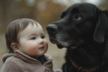 Generative AI image of a joyful child sharing a tender moment with a friendly dog outdoors