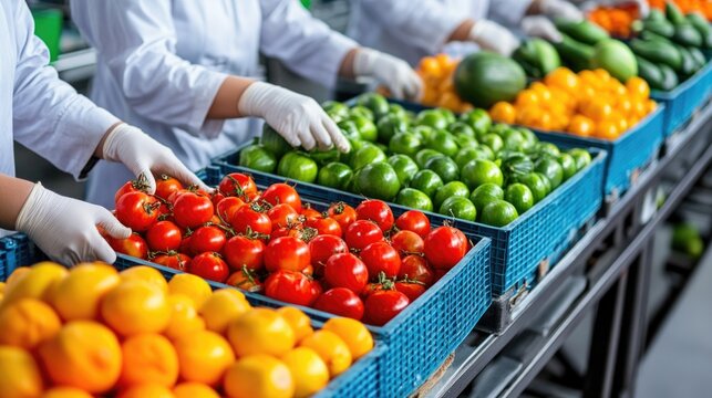 Efficient warehouse team organizing fresh produce for distribution and inventory management