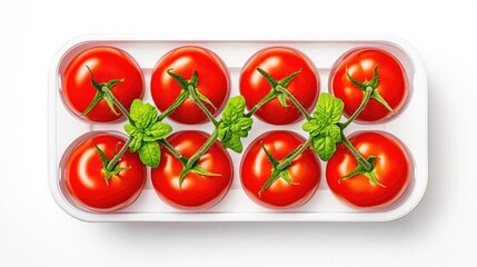Minimalist top view of hydroponic tomato setup featuring fresh ripe cherry tomatoes in clean white tray for modern gardening inspiration