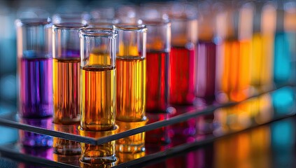 Colorful test tubes filled with various liquids, arranged on a metallic rack