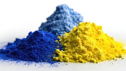 Three piles of vibrant blue, light blue, and yellow powder pigments on a white surface