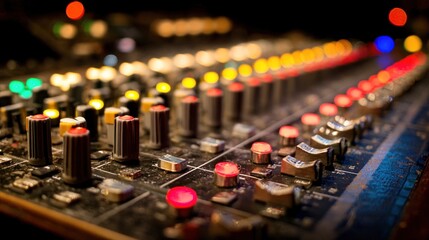 Close-up audio mixing console with knobs and lights