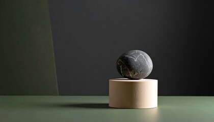Single object (stone, sculptural form, ceramic) placed on a cylindrical pedestal in ivory or blush color. Background — deep matte tone (graphite, khaki).