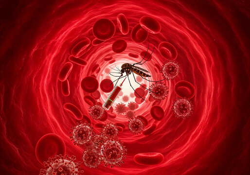 West Nile Virus Infection &ndash; Mosquito and Virus in Blood Vessel