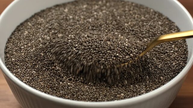 Chia seeds healthy antioxidant food. Scoop with spoon dry chia seeds from bowl, close up