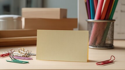 Blank Yellow Notepad on Wooden Desk Surrounded by Stationery Items and Decorative Office Supplies