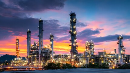 Fototapeta premium Oil refinery at dusk with glowing lights, complex piping, and tall towers against a colorful sky. Concept:Energy production, industrial infrastructure, oil and gas industry, petrochemical processing,