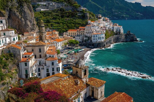 Coastal village nestled in a dramatic cliffside setting