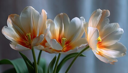 Soft peach and white tulips in close-up