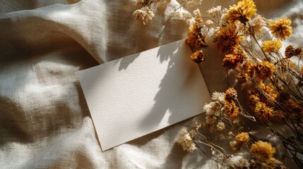Blank Card Surrounded by Dried Flowers on Soft Fabric for Creative and Aesthetic Purposes