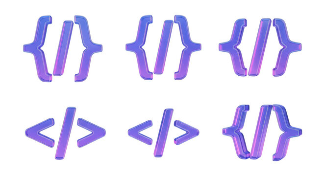 3D rendered coding brackets and angled tags arranged on white background showcasing programming and web development symbols