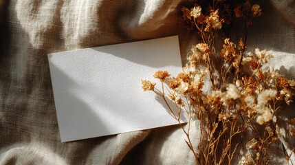 Blank Card and Dried Flowers on Soft Fabric with Natural Light and Shadow Play for Creative Designs