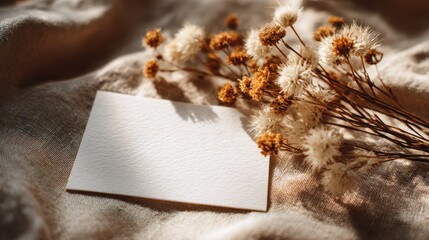 Aesthetic Composition of Blank Card with Dried Flowers on Soft Fabric Background for Elegant Designs