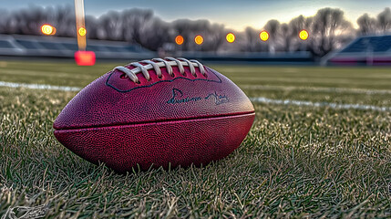 Closeup of Wet Football on a Grassy Field at Sunset
