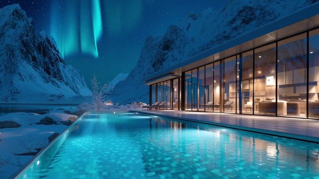 arctic lakefront villa glass walls, infinity pool steam rising icy winter air, snow covered mountain views, northern lights dancing nighttime, luxury design, cinematic lighting, magic realism