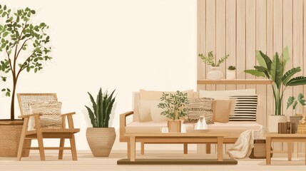 Beige wooden living room with plants