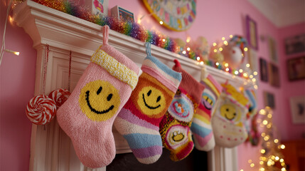 Colorful Christmas Stockings with Smiley Faces Adorning a Festive Fireplace Mantel