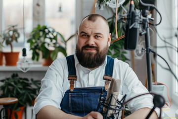 A confident man hosts a podcast from modern workspace, AI generated image